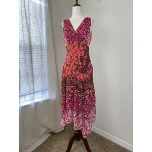 Y2K Brand Size 6 Midi Dress Empire Waist Asymmetric Hem Pink Floral Slip Fairy